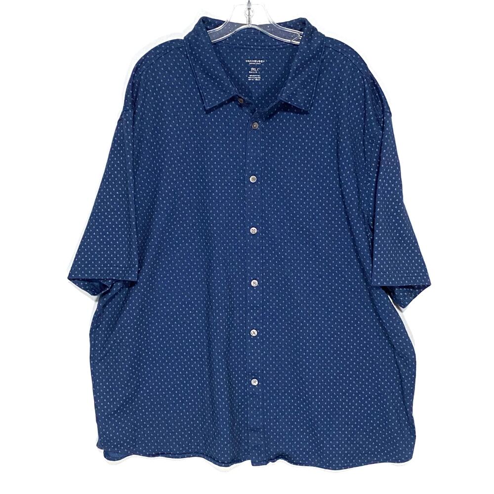 Van Heusen Never Tuck Button Polo Shirt Mens Big Tall 2XLT Blue Geometric Preppy